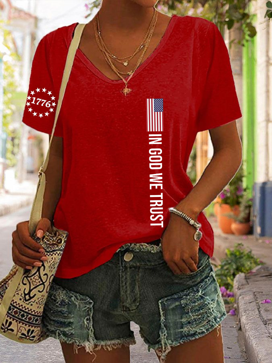 Women's In God We Trust Flag Printed Cotton V-neck T-shirt