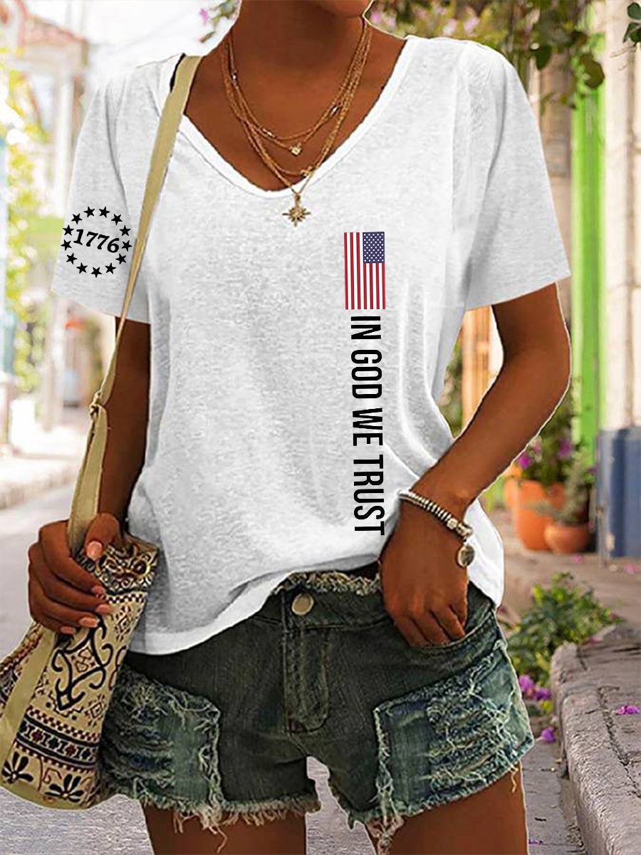 Women's In God We Trust Flag Printed Cotton V-neck T-shirt