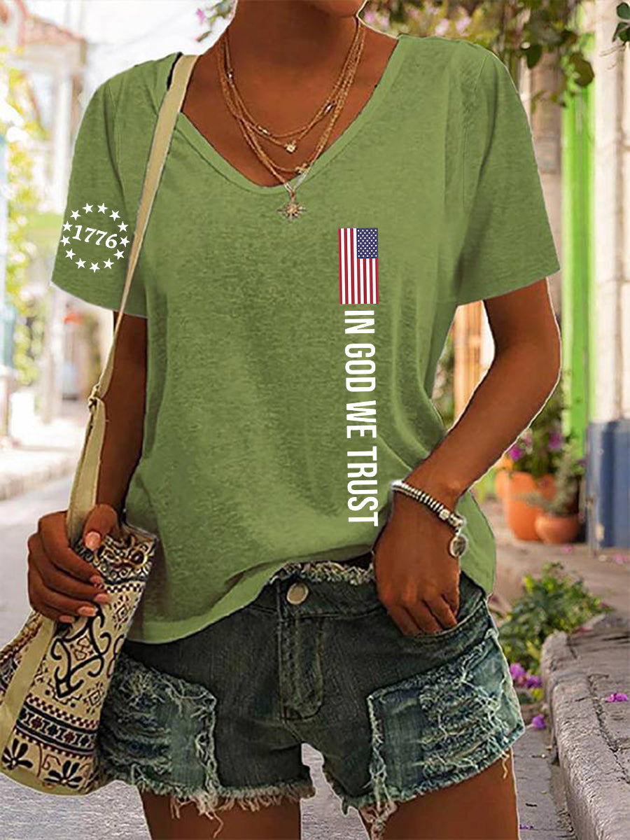 Women's In God We Trust Flag Printed Cotton V-neck T-shirt
