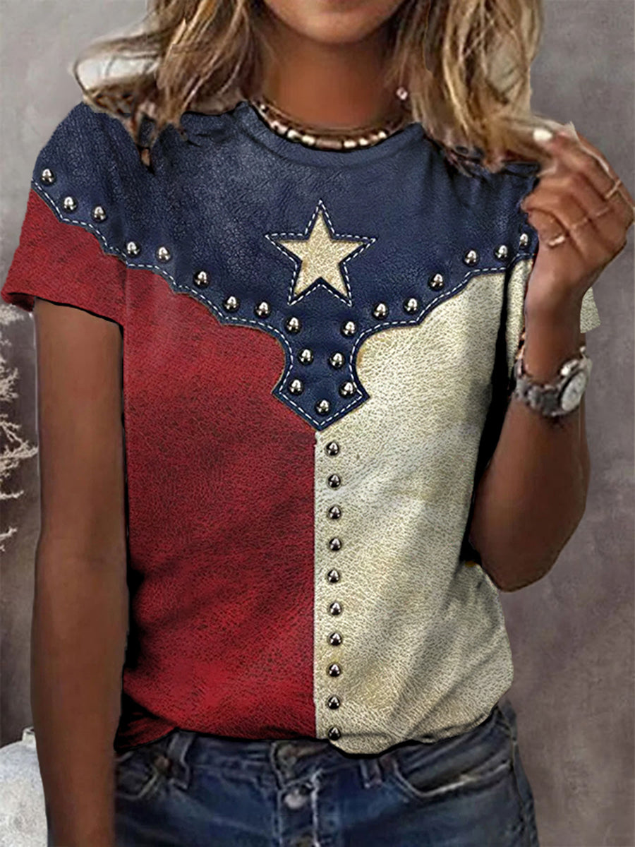 Women's Independence Day Texas Flag Print Casual Tee