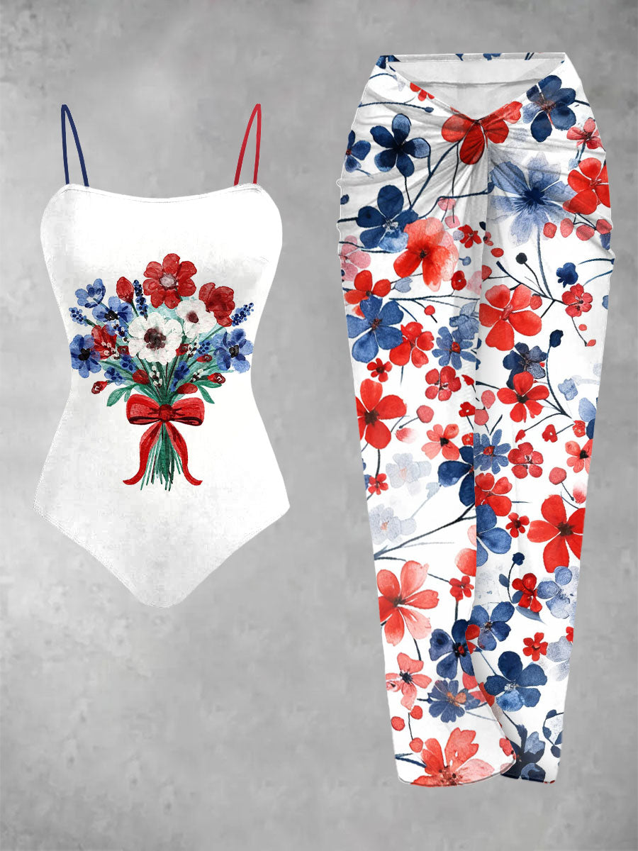 Women's Independence Day floral-print one-piece swimsuit 2-piece set