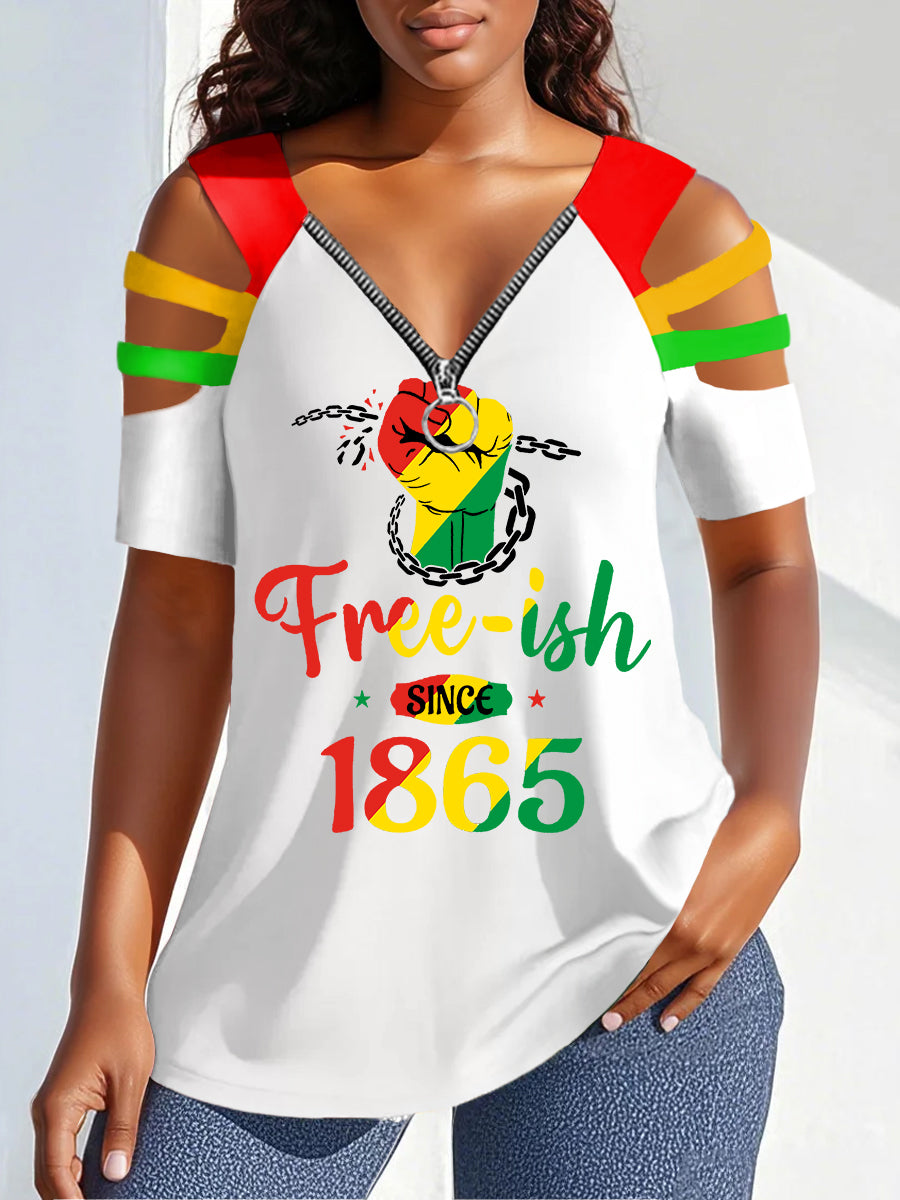 Women's Free-ish Since 1865 Juneteenth Print Zipper Hollow Tee