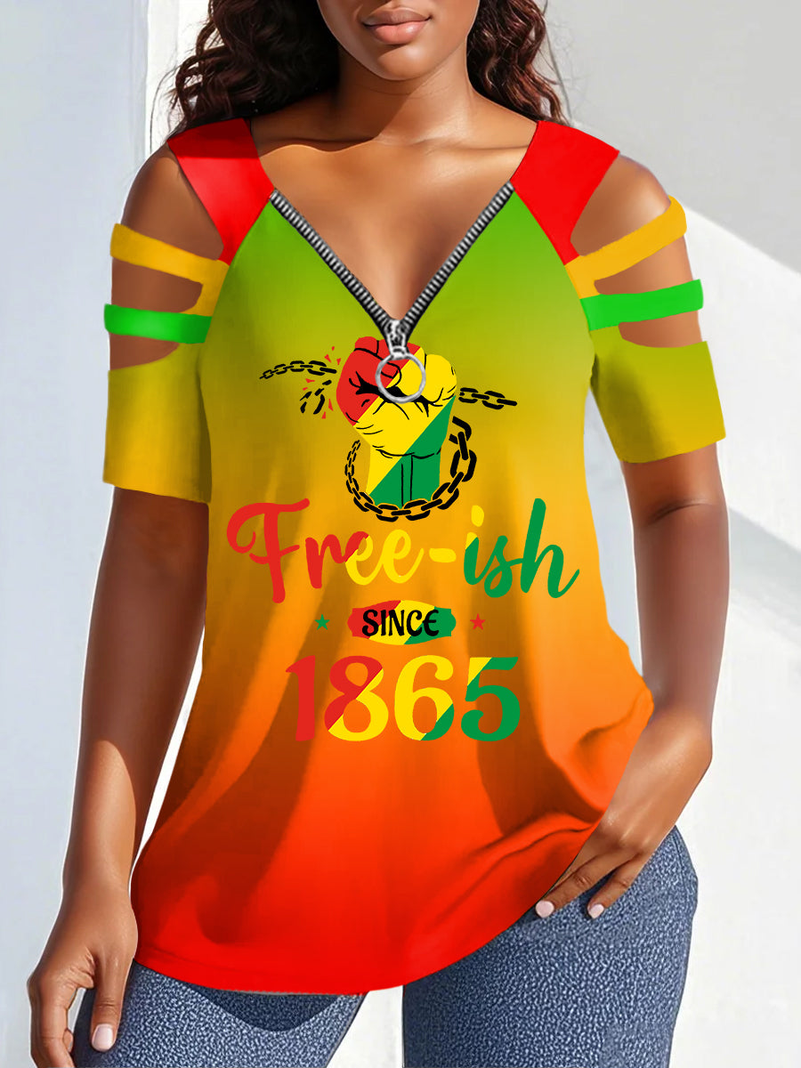 Women's Free-ish Since 1865 Juneteenth Print Zipper Hollow Tee