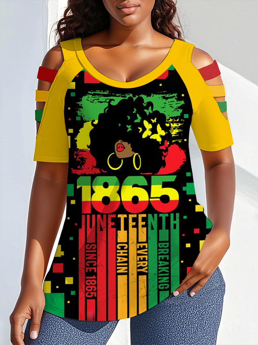 Women's Juneteenth 1865 Print Round Neck Off-Shoulder T-shirt