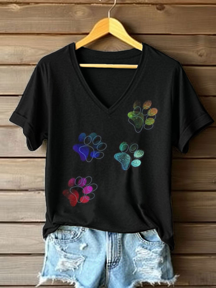 Women's Colorful Paw Print V-Neck T-Shirt