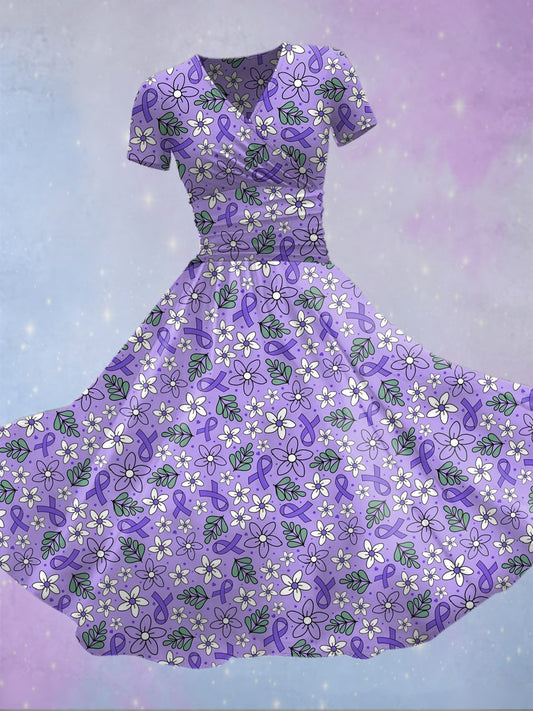 Women's Alzheimer's Awareness Floral Ribbon Print Dress