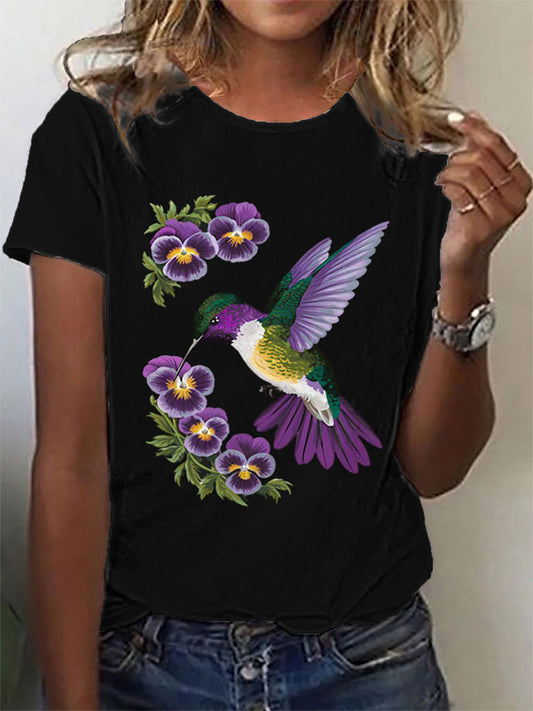 Women's Alzheimer's Hummingbird and Flowers Print T-Shirt