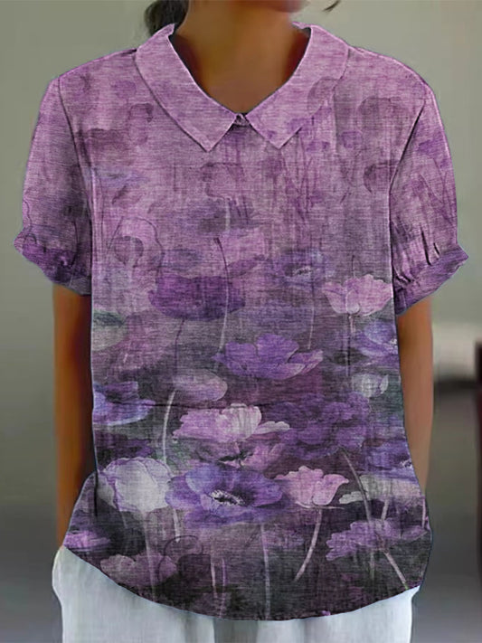 Women's Alzheimer's Awareness Purple Flower Printed Cotton Linen Short  Sleeve  Shirt