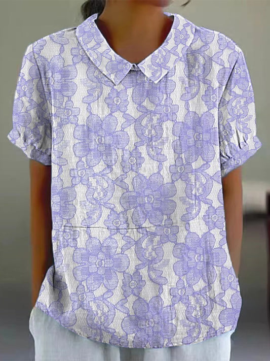 Women's Alzheimer's Awareness Purple Flower Printed Cotton Linen Short  Sleeve  Shirt