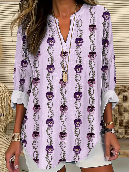 Women's Alzheimer's Awareness Purple Flower Printed Cotton Linen Long Sleeve Shirt