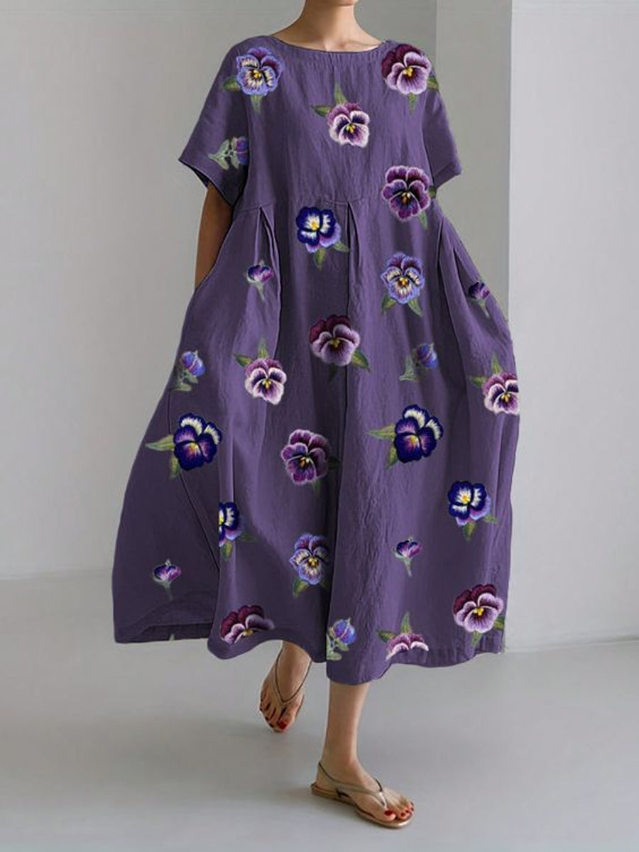 Women's Alzheimer's Awareness Purple Flower Printed Cotton Linen Maxi Dress