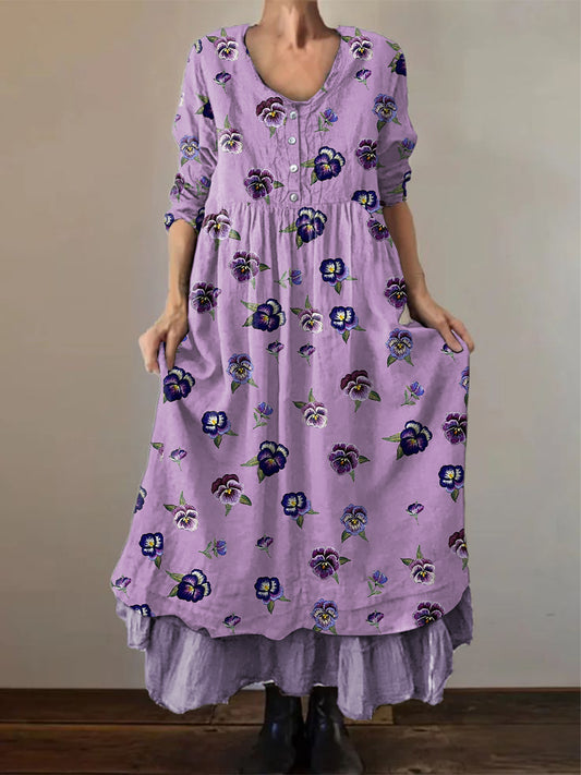 Women's Alzheimer's Awareness Purple Flower Printed Cotton Linen Long Sleeve Maxi Dress