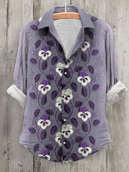 Women's Alzheimer's Awareness Purple Floral Pansy Printed Shirt
