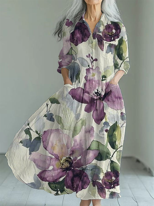 Women's Alzheimer's Awareness Purple Flower Printed Cotton Linen Long Sleeve Maxi Dress