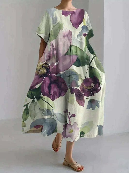 Women's Alzheimer's Awareness Purple Flower Printed Cotton Linen Elegant Maxi Dress