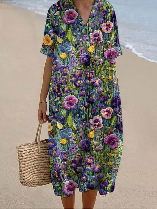 Women's Alzheimer's Awareness Purple Flower Printed Cotton Linen V-Neck Elegant Short Sleeve Maxi Dress
