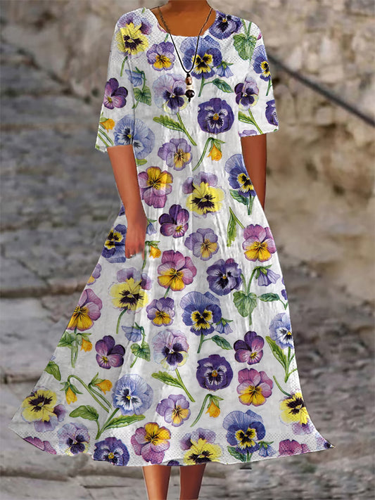 Women's Alzheimer's Awareness Purple Flower Printed Cotton Linen Short Sleeve Maxi Dress