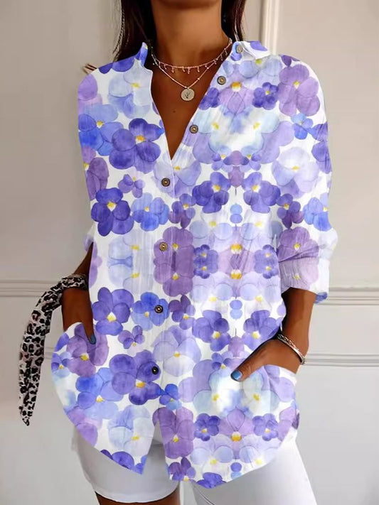 Women's Alzheimer's Awareness Purple Flower Printed Cotton Linen Long Sleeve Shirt