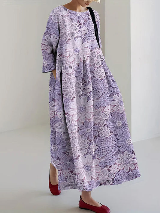 Women's Alzheimer's Awareness Purple Flower Printed Cotton Linen Long Sleeve Maxi Dress