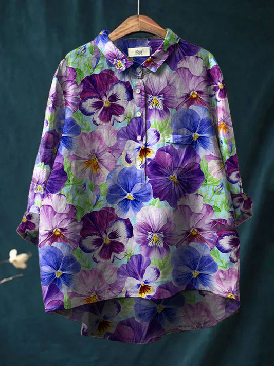 Women's Alzheimer's Awareness Purple Flower Printed Cotton Linen Long Sleeve Shirt