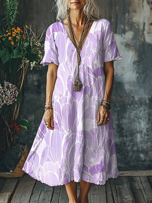 Women's Alzheimer's Awareness Purple Flower Printed Cotton Linen Long Sleeve Maxi Dress