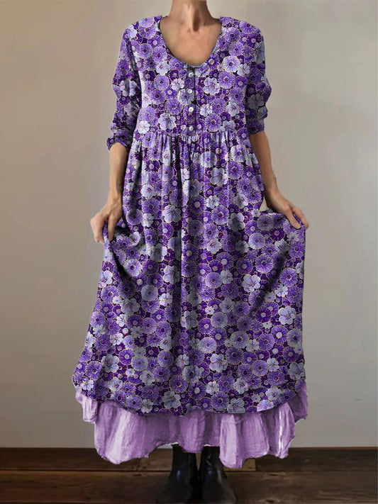 Women's Alzheimer's Awareness Purple Flower Printed Cotton Linen Long Sleeve Maxi Dress