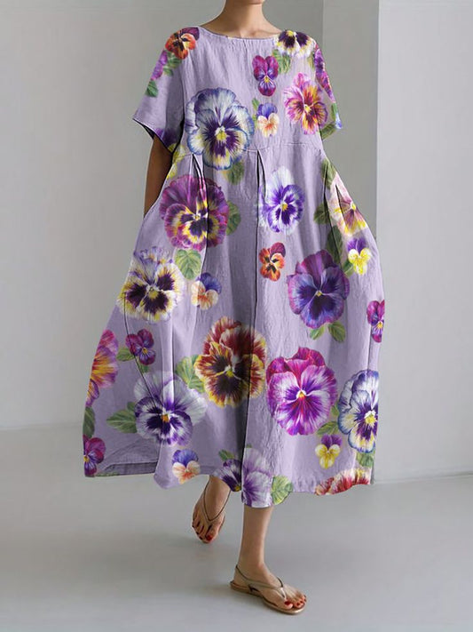 Women's Alzheimer's Awareness Purple Flower Printed Cotton Linen Short Sleeve Maxi Dress