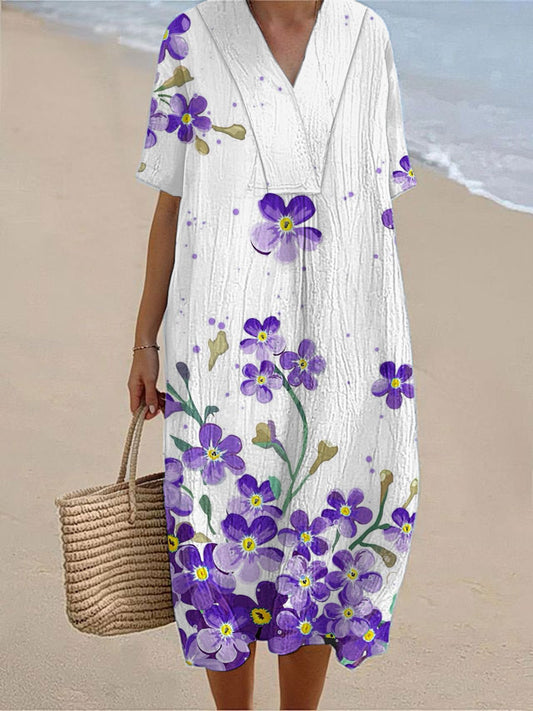 Women's Alzheimer's Awareness Purple Flower Printed Cotton Linen Short Sleeve Maxi Dress