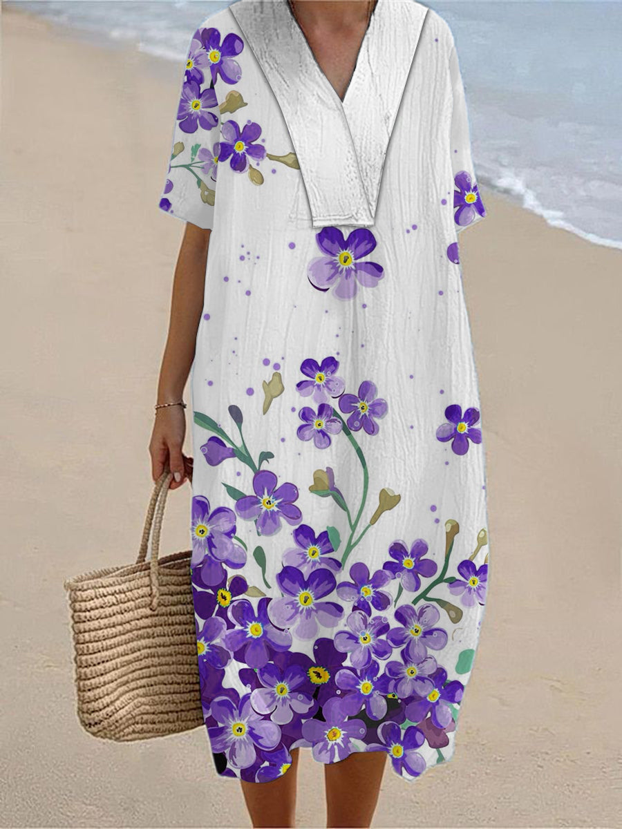 Women's Alzheimer's Awareness Purple Flower Printed Cotton Linen Short Sleeve Maxi Dress
