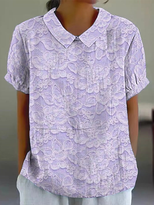 Women's Alzheimer's Awareness Purple Flower Printed Cotton Linen Short  Sleeve  Shirt