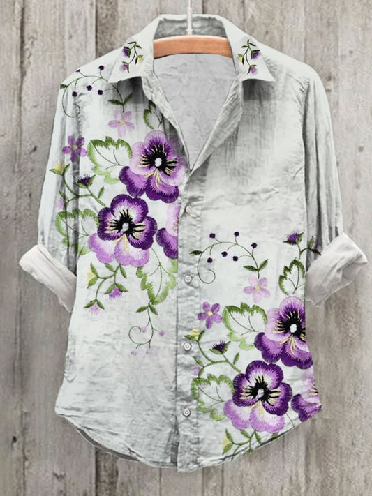 Women's Alzheimer's Awareness Purple Floral Pansy Printed Shirt