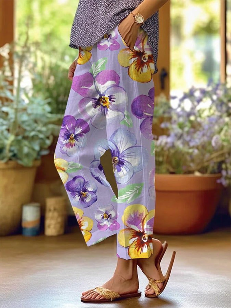 Women's Alzheimer's Awareness Purple Flower Printed Cotton Linen Pants