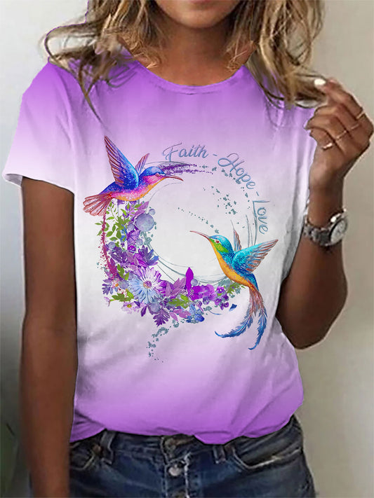 Women's Alzheimer's Hummingbird Faith Hope Love Print T-Shirt