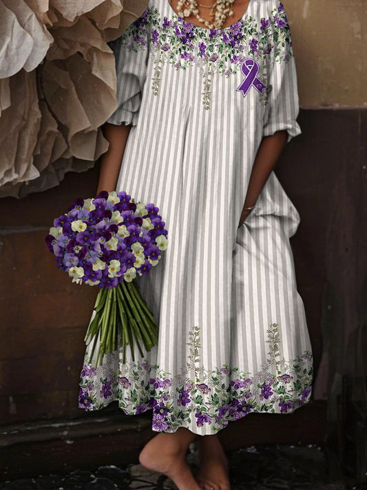 Women's Alzheimer's Awareness Purple Floral Pansy Printed Dress