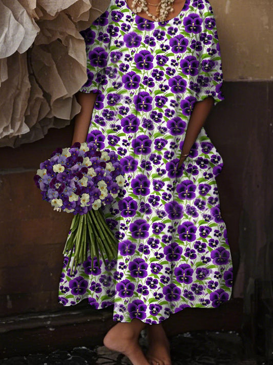 Women's Alzheimer's Awareness Purple Floral Pansy Printed Dress