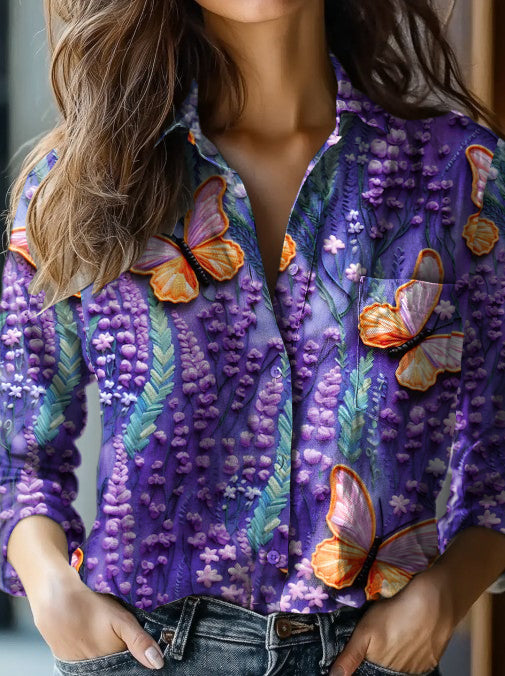 Women's Alzheimer's Awareness Purple Flower Printed Cotton Linen Long Sleeve Shirt