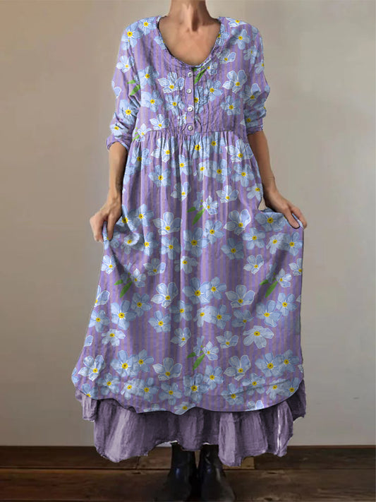 Women's Alzheimer's Awareness Purple Flower Printed Cotton Linen Long Sleeve Maxi Dress