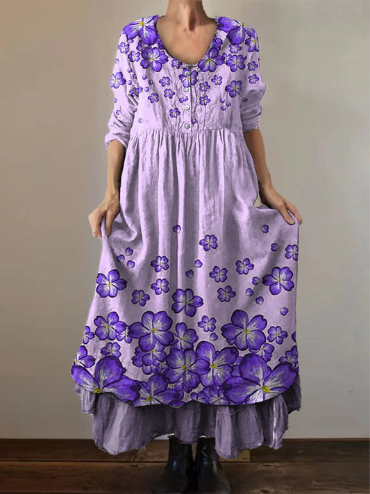 Women's Alzheimer's Awareness Purple Flower Printed Cotton Linen Long Sleeve Maxi Dress
