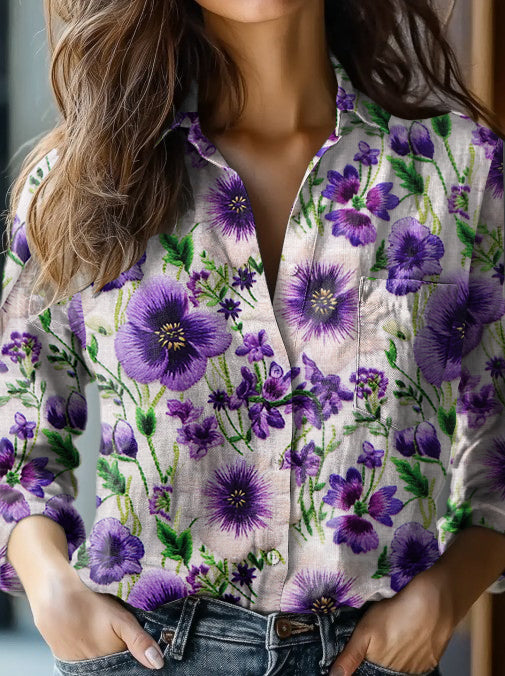 Women's Alzheimer's Awareness Purple Flower Printed Cotton Linen Long Sleeve Shirt