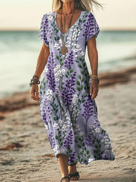 Women's Alzheimer's Awareness Purple Flower Printed Cotton Linen Short Sleeve Maxi Dress