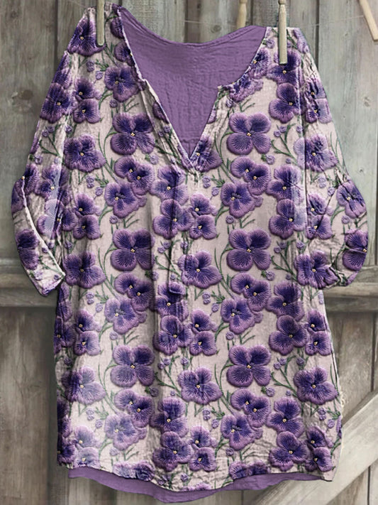 Women's Alzheimer's Awareness Purple Flower Printed Cotton Linen Long Sleeve Shirt