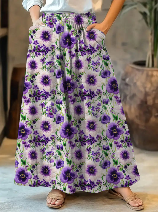 Women's Alzheimer's Awareness Purple Flower Printed Cotton Linen Skirt Dress