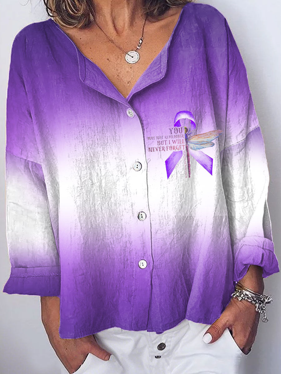 Women's Alzheimer's Awareness Purple Floral Pansy Printed Shirt