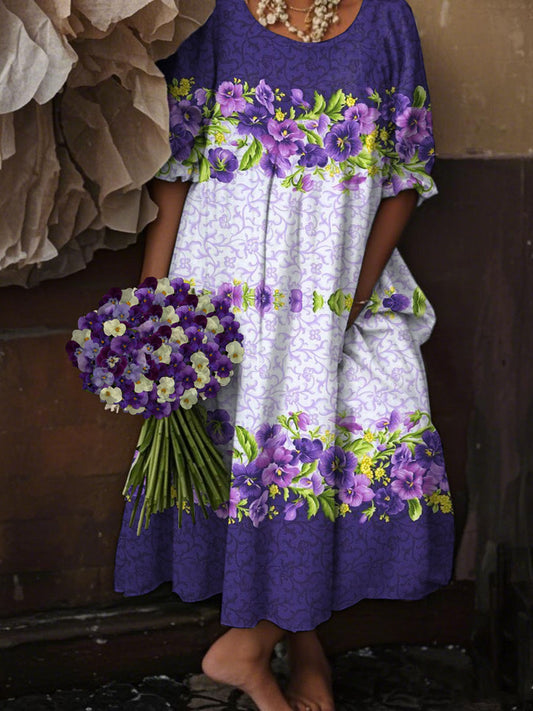 Women's Alzheimer's Awareness Purple Floral Pansy Printed Dress