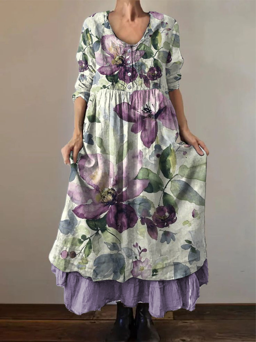 Women's Alzheimer's Awareness Purple Flower Printed Cotton Linen Long Sleeve Maxi Dress