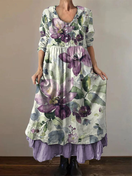 Women's Alzheimer's Awareness Purple Flower Printed Cotton Linen Long Sleeve Maxi Dress