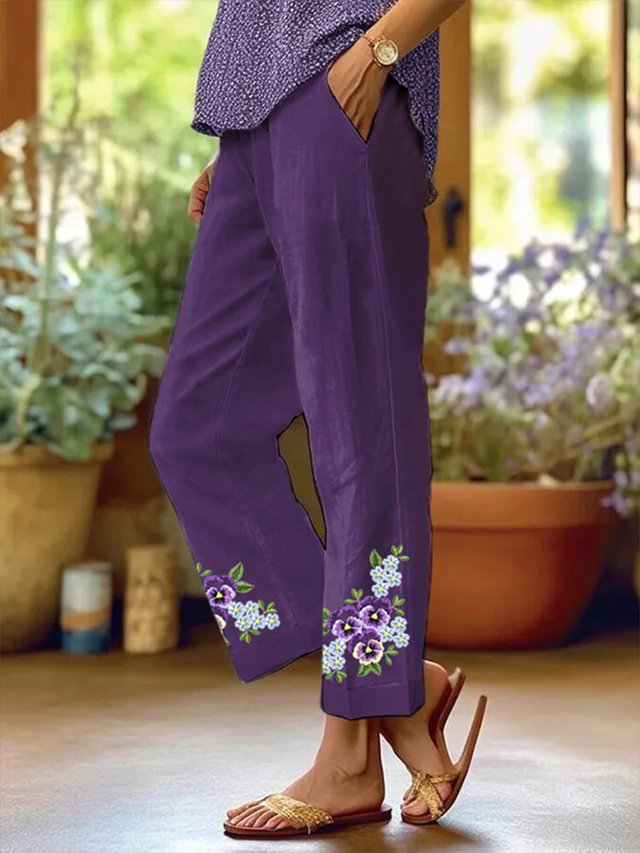 Women's Purple Forget-Me-Not Floral Print Alzheimer's Awareness Support Pants