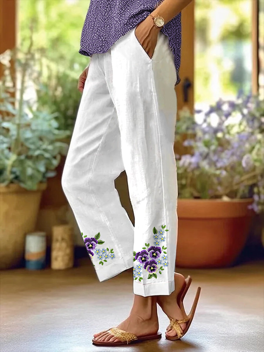 Women's Purple Forget-Me-Not Floral Print Alzheimer's Awareness Support Pants