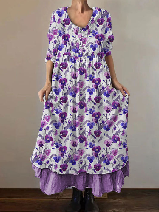 Women's Alzheimer's Floral Printed Cotton Linen Long Sleeve Long Skirt