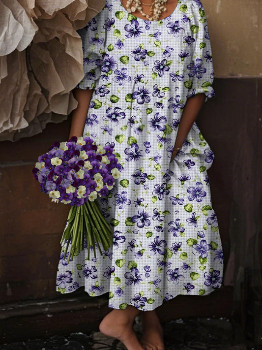 Women's Alzheimer's Awareness Purple Floral Pansy Printed Long Sleeve Dresses